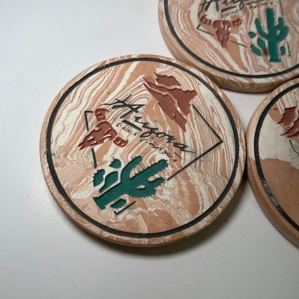 Vintage‎ Arizona Souvenir Stone Coasters Set of 3 Cactus Steer Skull Cork Back